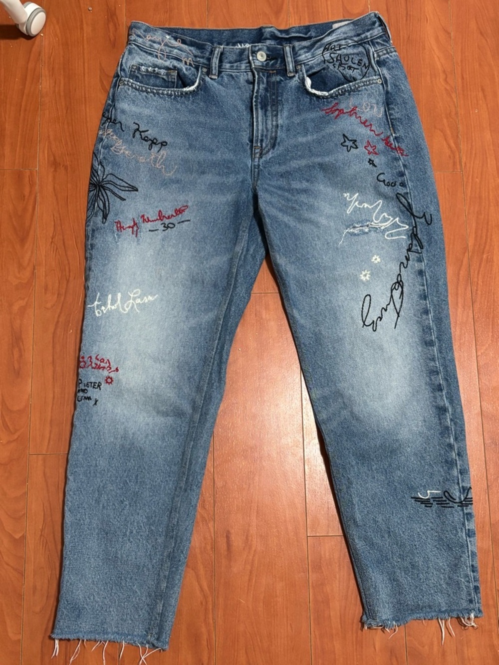 All Saints Embroidered Blue Boyfriend Jeans